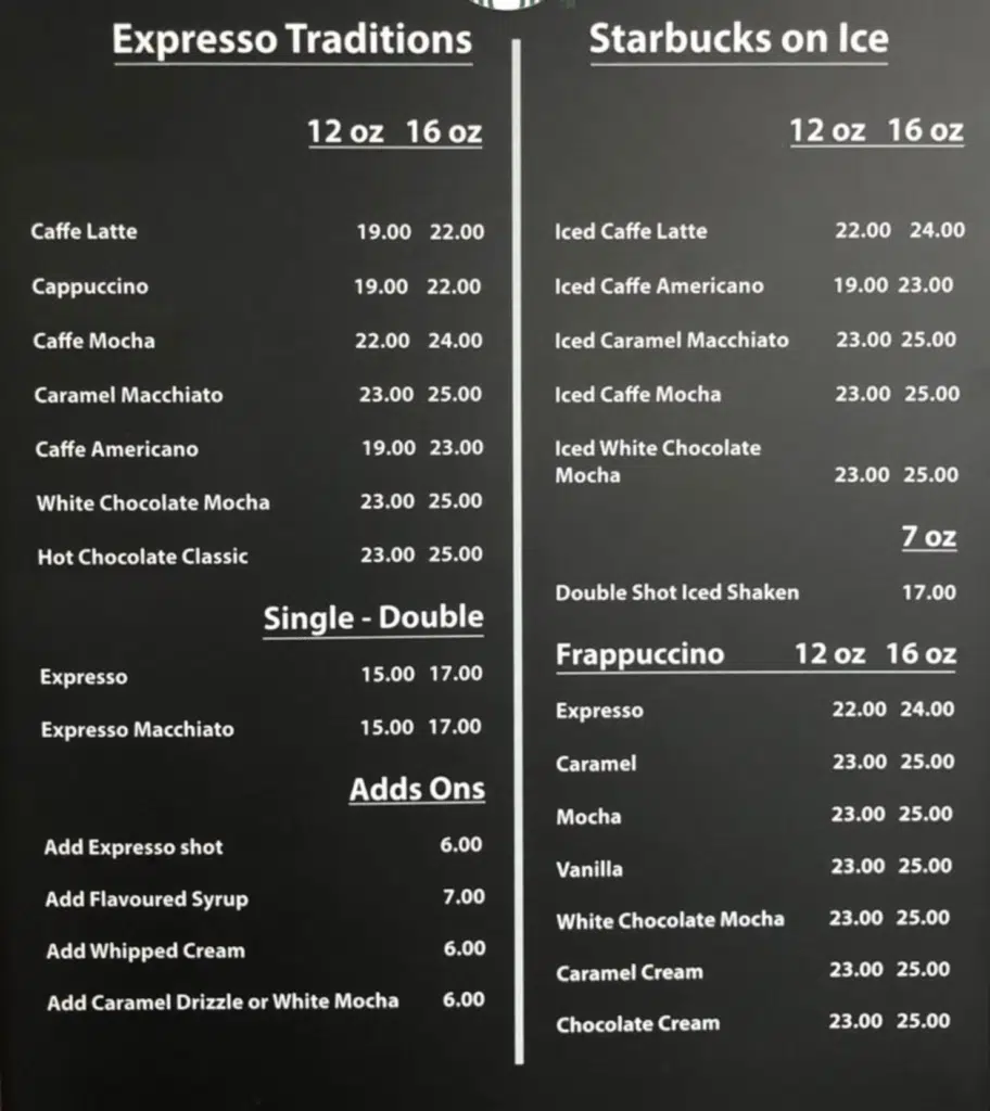 Starbucks Prix Menu